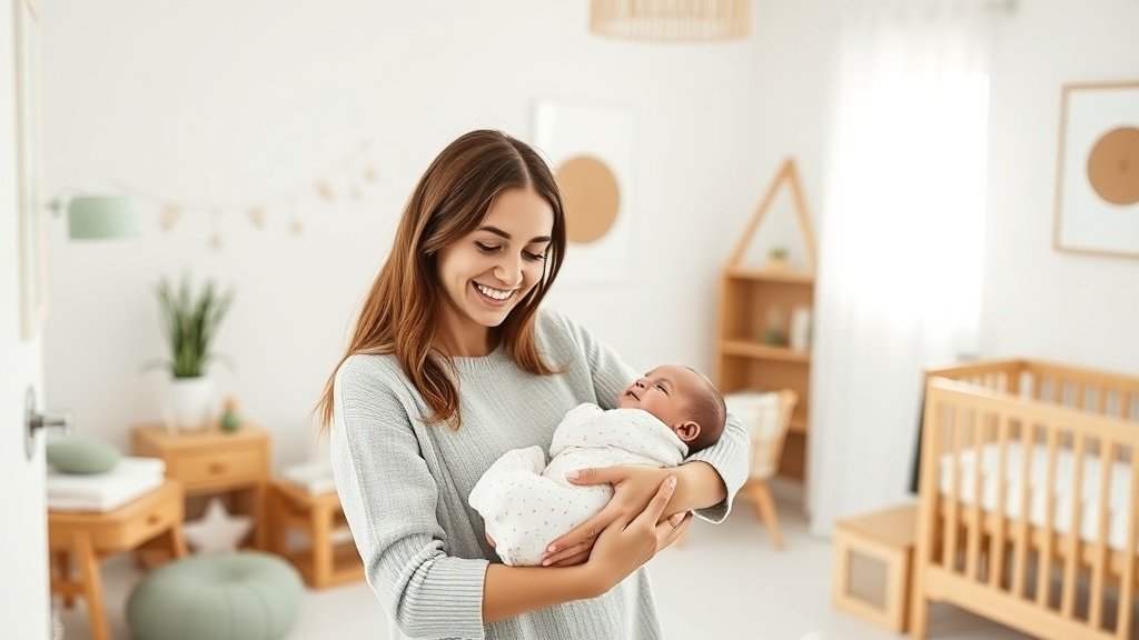 Happy mother with baby in nursery